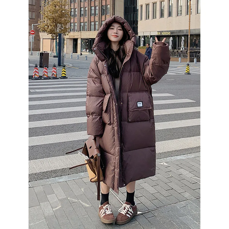 Korean Version Super Thick Straight Down Jacket Long Hooded Warm Fashion Design Sense Bread Coat Winter Women Simple Long Coat