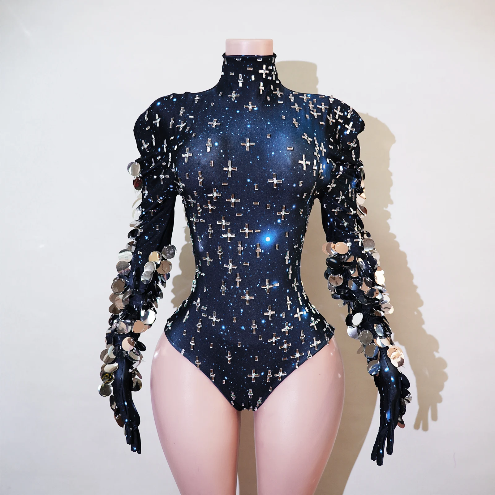 Blue Bodysuit Rhinestones Sequin Sleeves Stage Costume High Neck Long Sleeve Performance Wear For Jazz Dance Singers Party Club