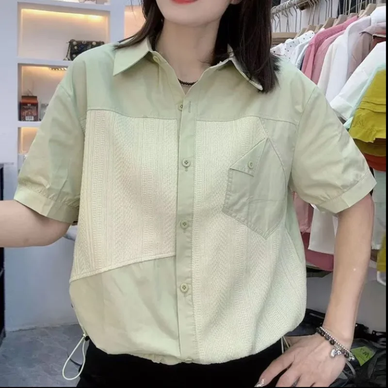 2024 New Summer Commuting Minimalist Casual Loose Plus Size Solid Polo Collar Panel Pocket Short Sleeve Women's Shirt Top