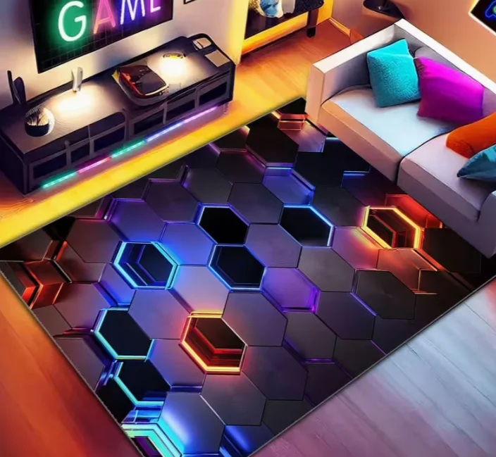 Game Controller Pattern Area Rug Chair Mat Black Neon Carpet Gaming Room Game Room, Bedroom, Living Room, Outdoor Mat, Door Mat