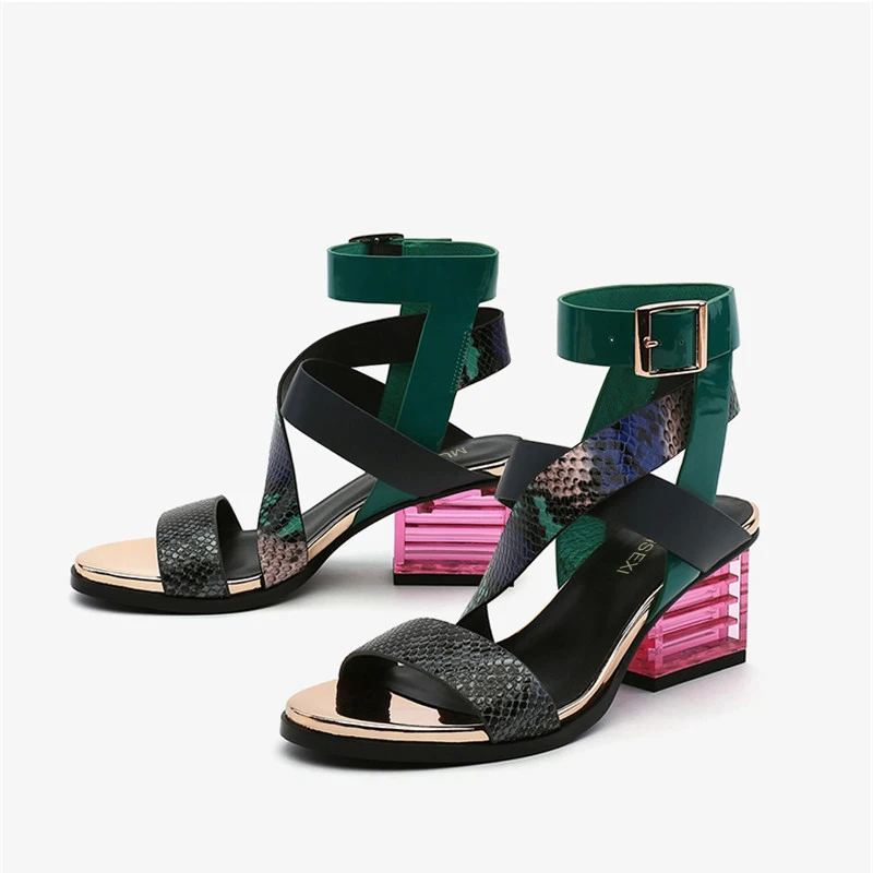 Gladiator Sandals Women Mixed Color Cross Strap Transparent Square Heel Genuine Leather Narrow Band Shoes HL157 MUYISEXI