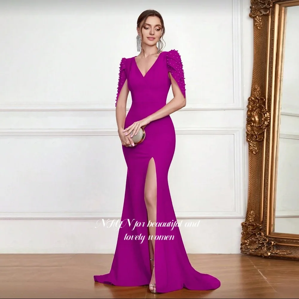 

NFYN Mermaid Formal Gown with Pearls Prom Dress Short Sleeve Evening Dress فساتين مناسبة for Women Customized