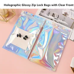 100 Stück Laser-Aluminiumfolien-Druckverschlussbeutel mit durchsichtiger Vorderseite – glänzende Oberfläche, Reißverschluss-Clip, selbstdichtendes Make-up-Werkzeug, Geschenkverpackungsbeutel