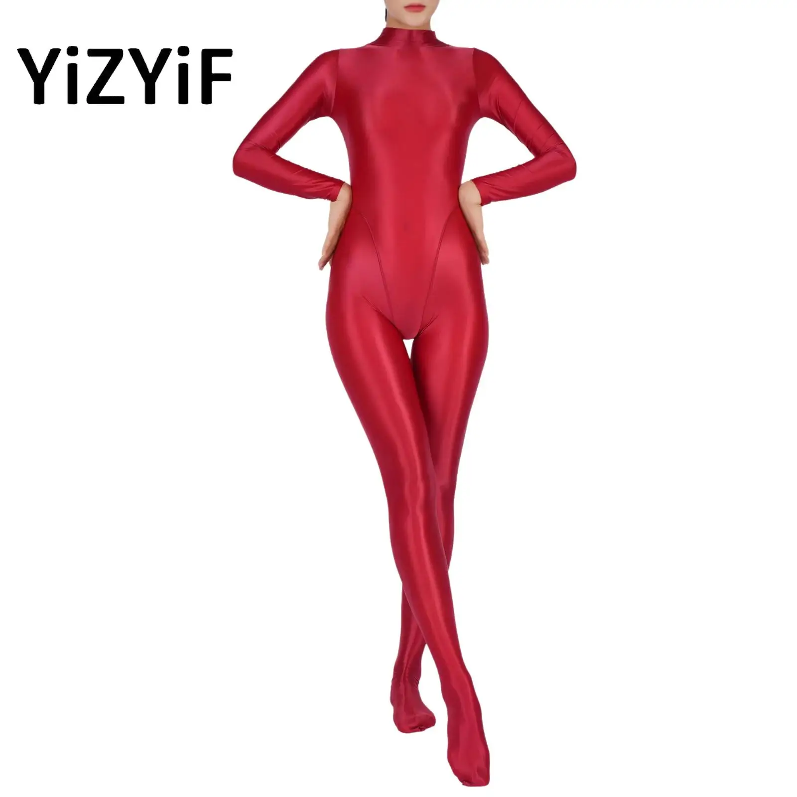 

Oily Glossy Elastic Tights Womens Full Body Jumpsuits Sexy See Through Bodysuits Women Smooth Bodycon Rompers Clubwear Swimsuit