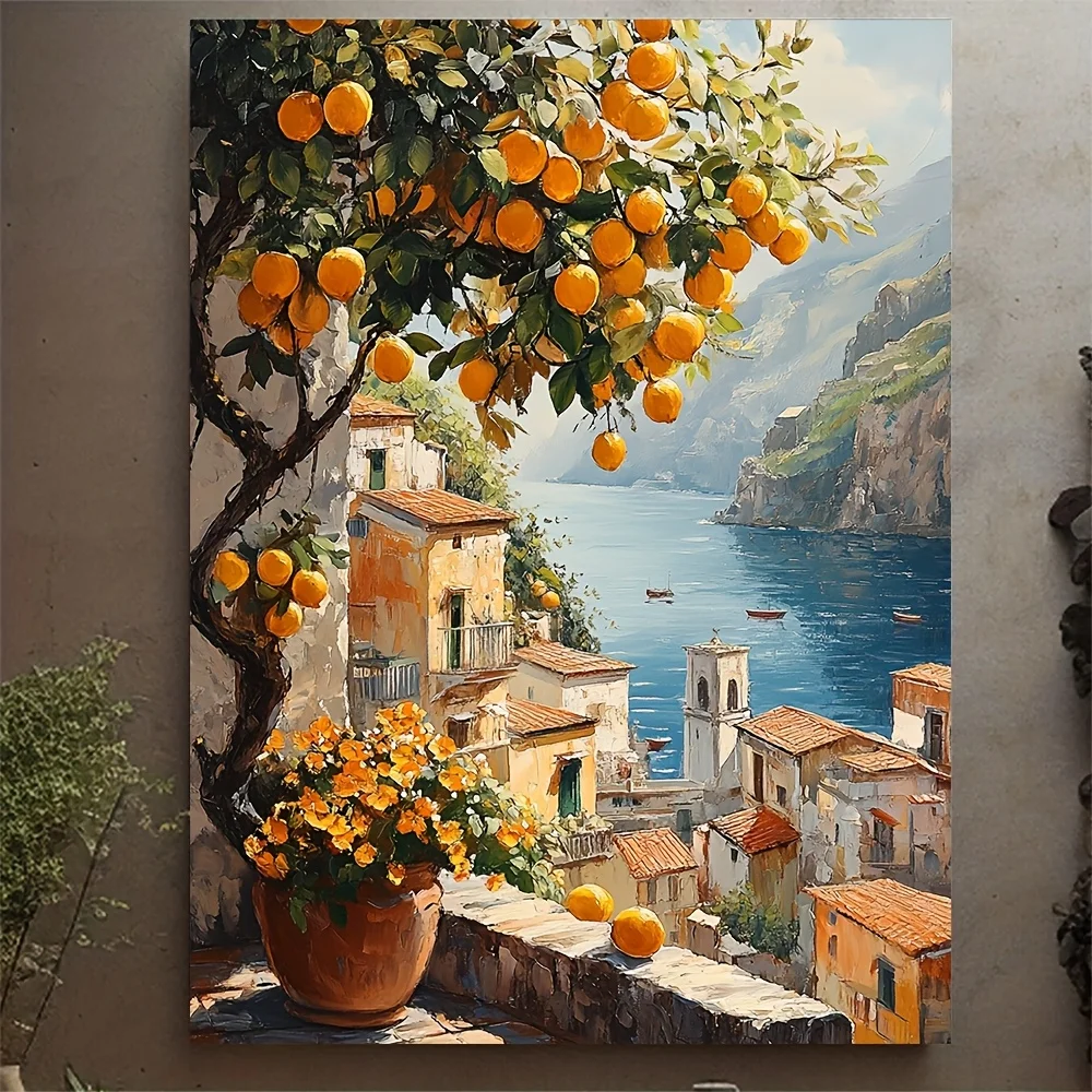 1pc 30.48x40.64 cm Framed Lemon Tree & Positano Cityscape Watercolor Art Print - Amalfi Coast Italy Wall Decor with Recycled