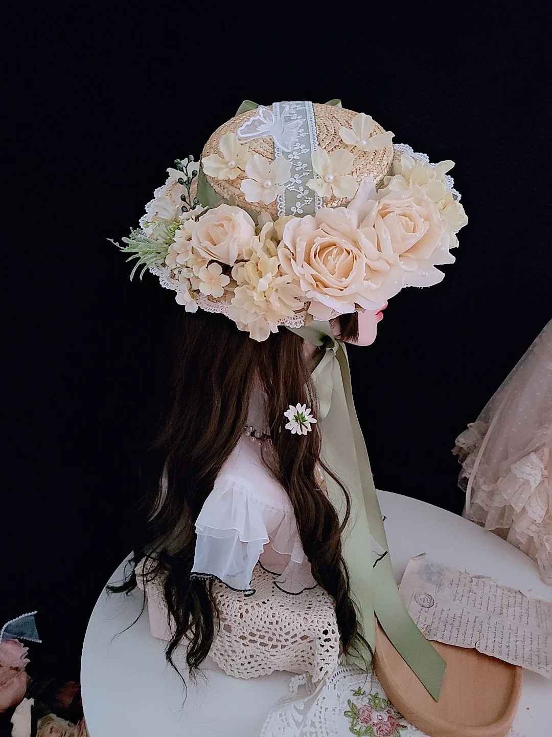 

Handmade Lolita Ruo Grass Ribbon Straw Hat Flower Wedding Tea Party Gorgeous Flat Han Yang Compromise French Photo