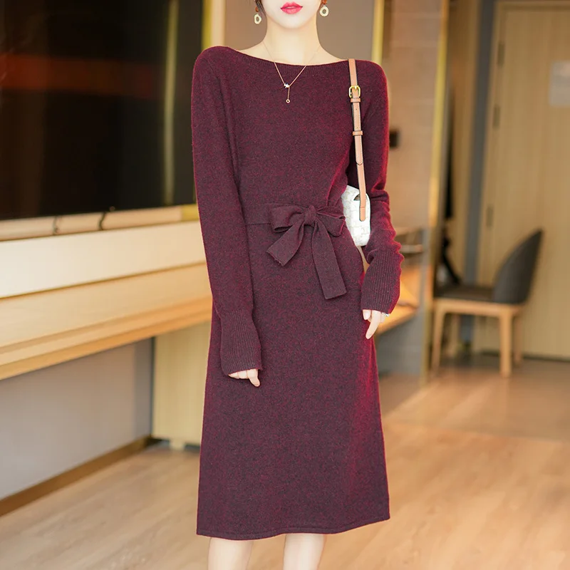 100% Merino Wool Knit Dress Women\'s One-Line Neck Long Skirts Autumn/ Winter Slim Skirts Casual Fashion Bottoming Cashmere Skirt