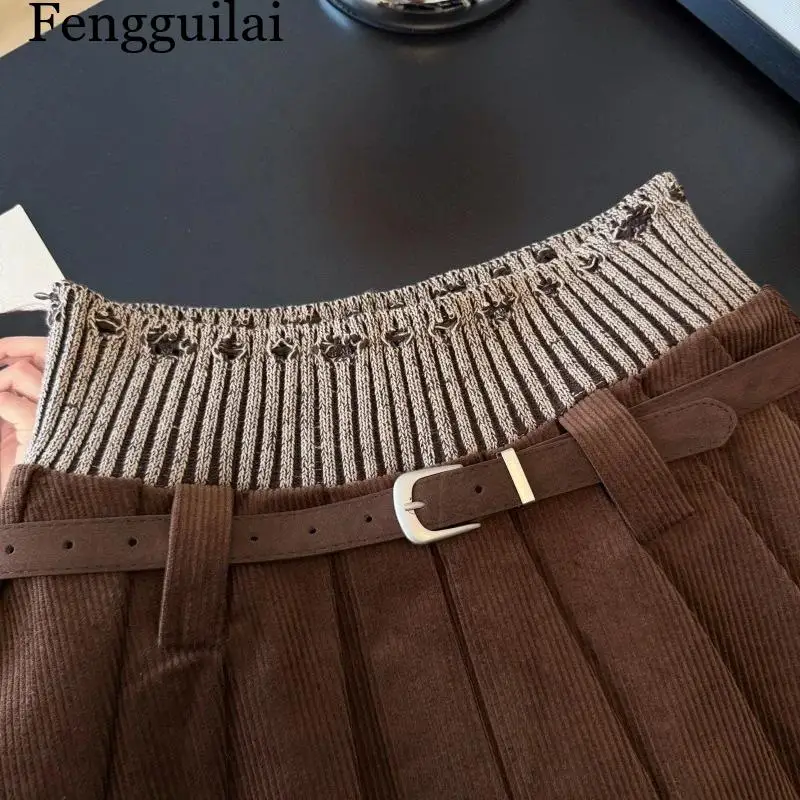 2026Autumn New Pleated Skirt, American Retro Knitted Patchwork Mini Skirt, Hot Girl Style