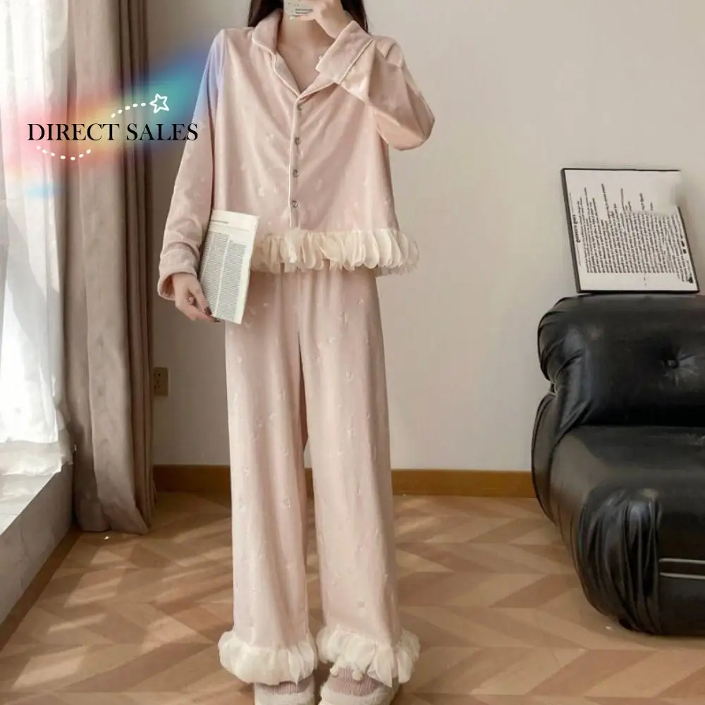 

Fashion Long Sleeve Plush Bow Pajamas Set Winter Sweet Velvet Pajamas Suit Ruffle Long Sleeves Warm Thicken Sleepwear Women
