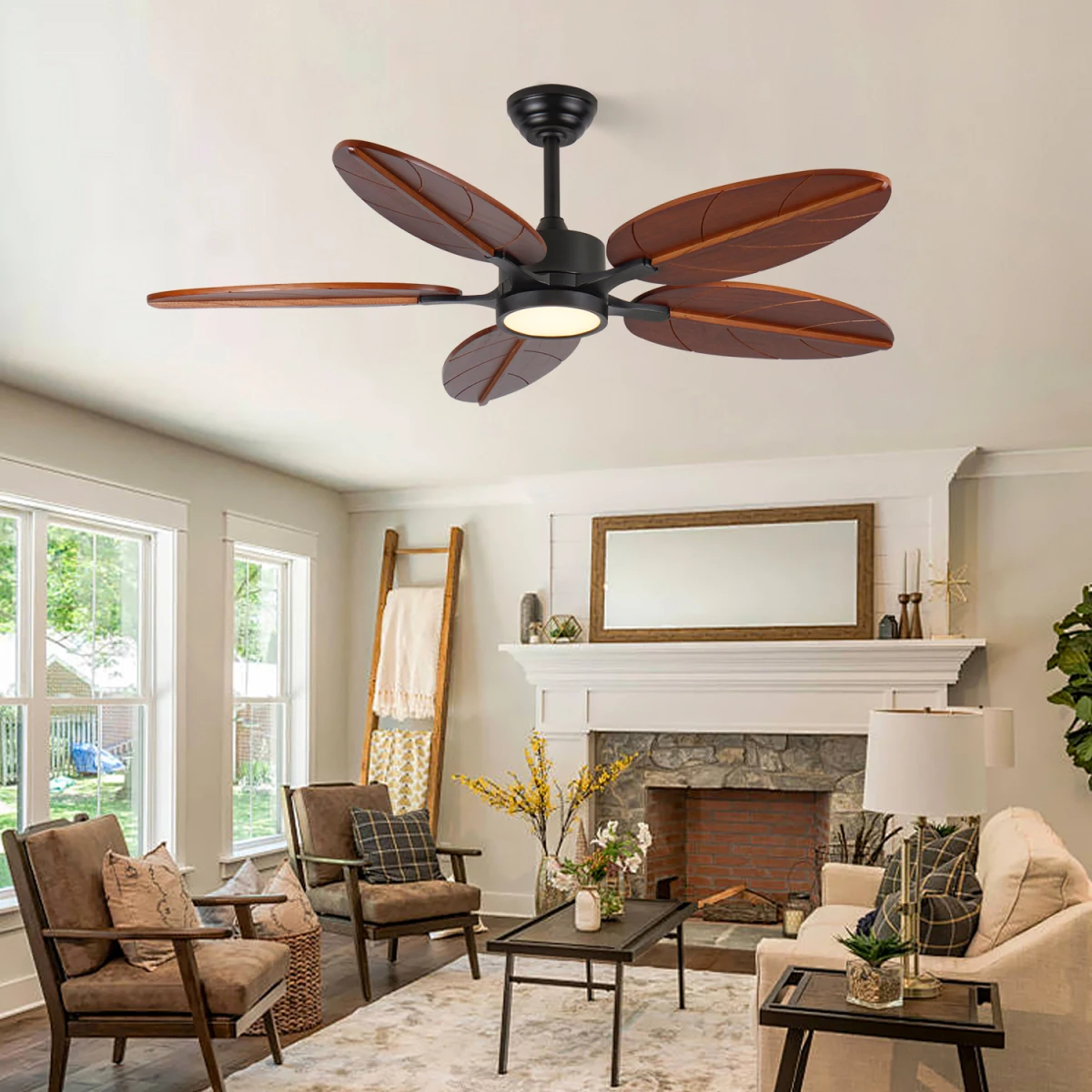 52 Inch Decorative Tropical Ceiling Fan with Light and Remote, Palm‑Leaf Blades, Reversible Indoor & Covered‑Outdoor Ceiling Fan for Patio, Living Room   WL
