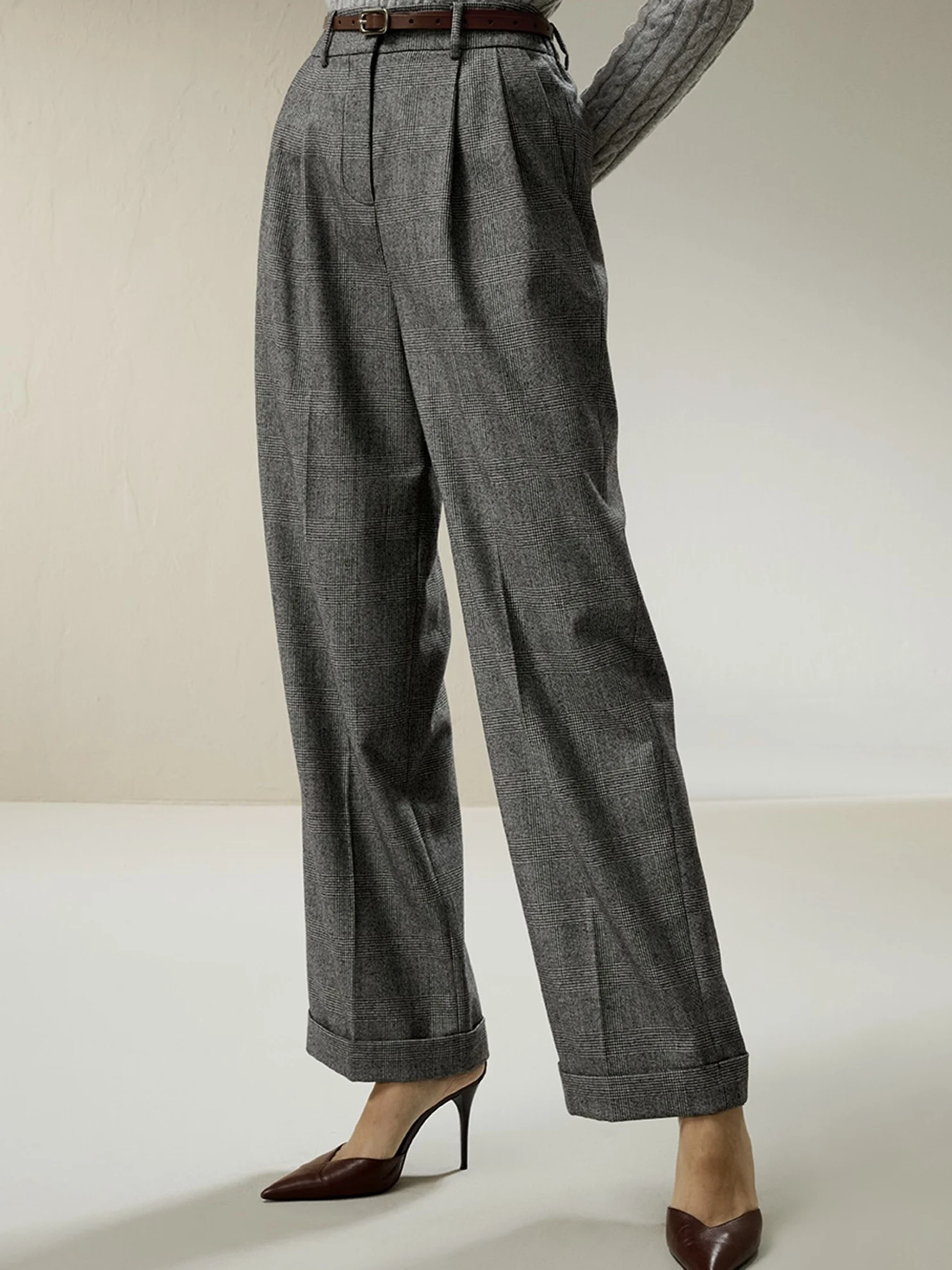 

Retro Sle Woolen Roll Pants Simple High Waist Straight Leg Warm Casual Suit Trousers for Women Winter Faion