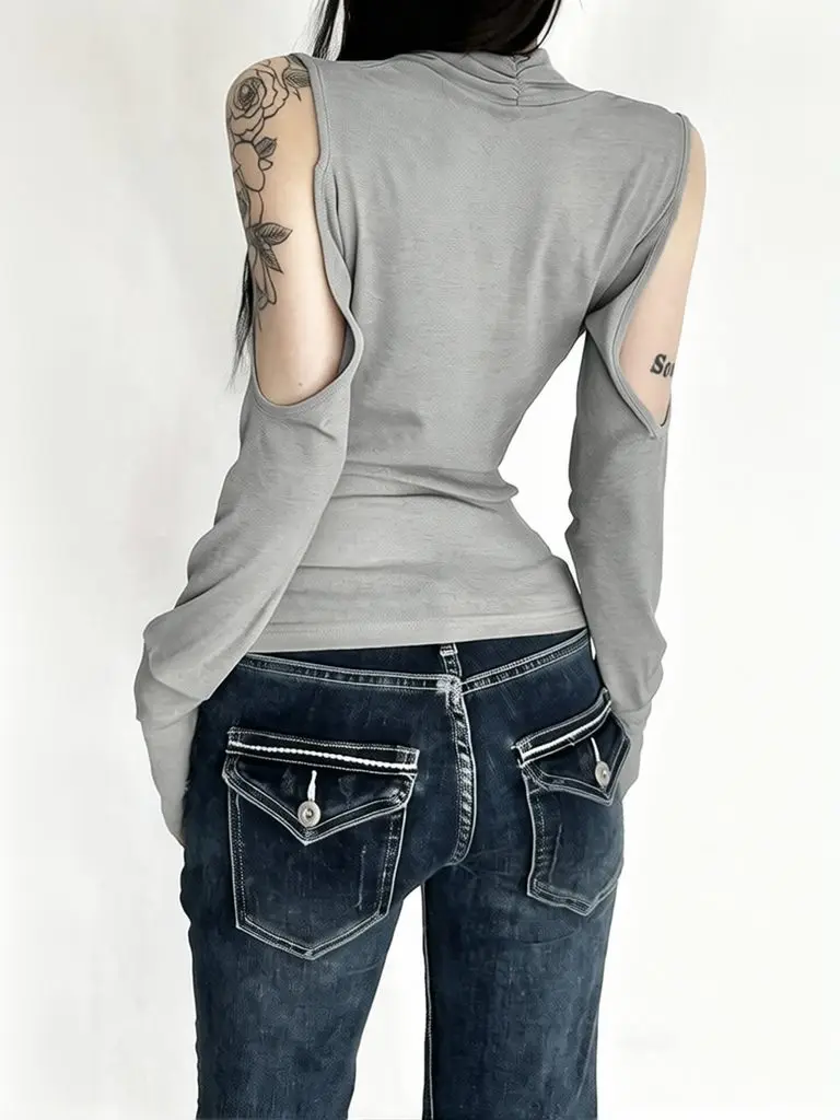 Elegant Gray Cowl Neck Off Shoulder Top Women Ruched Designer Slim Fit Casual Top Fashion Long Sleeve Basic Tees