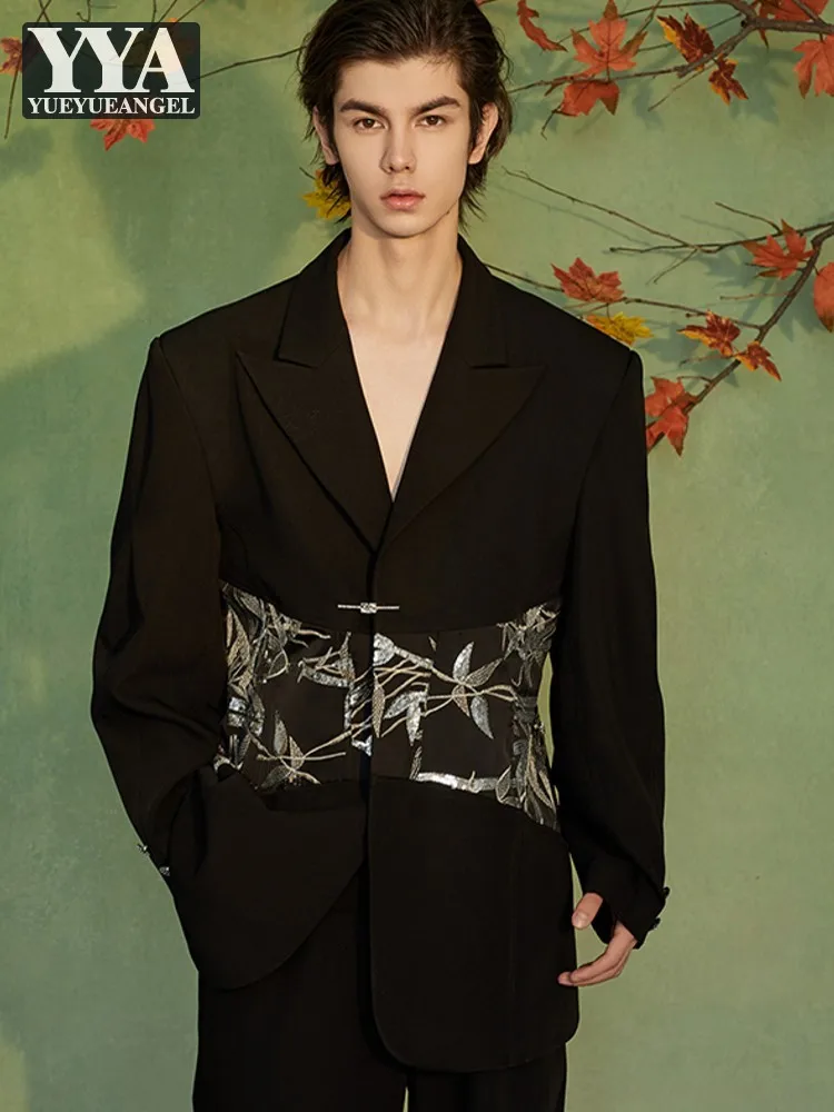 

New Chinese Style Embroidery Mens Casual Blazers Loose Fit Stage Suit Jacket Notched Collar Single Button Long Sleeves Outerwear