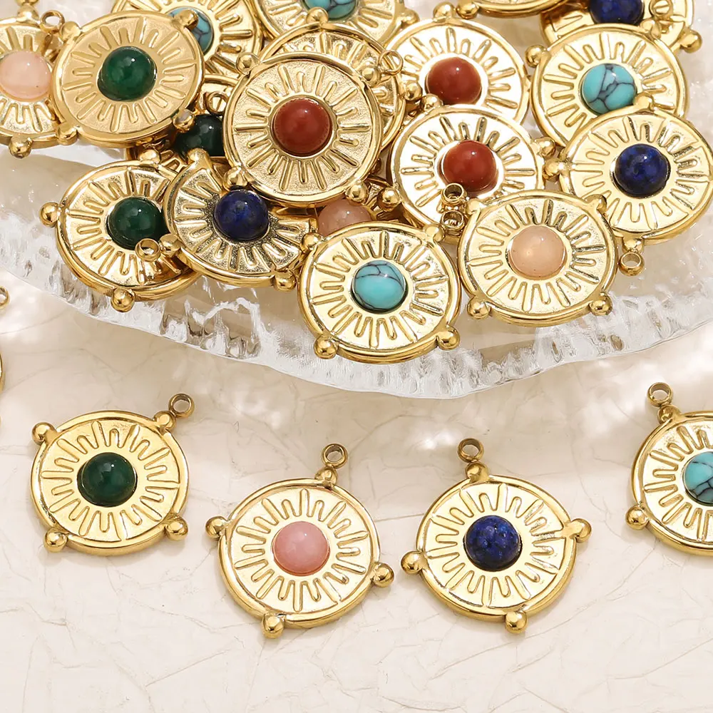 Stainless Steel Natural Stone Pendants Vintage Sun Round Charms Tarnish Free DIY For Necklace Jewelry Making Supplies Wholesale