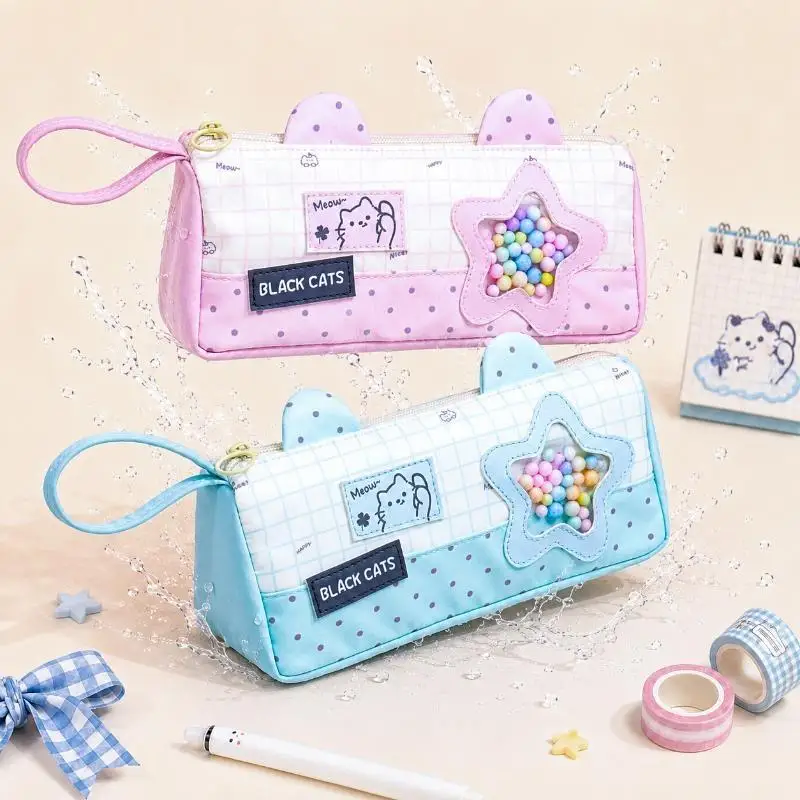 Kawaii Cat Ear Pencil Case With Dual Layer Large Capacity Star Bead Window For Students School Stationery Storage