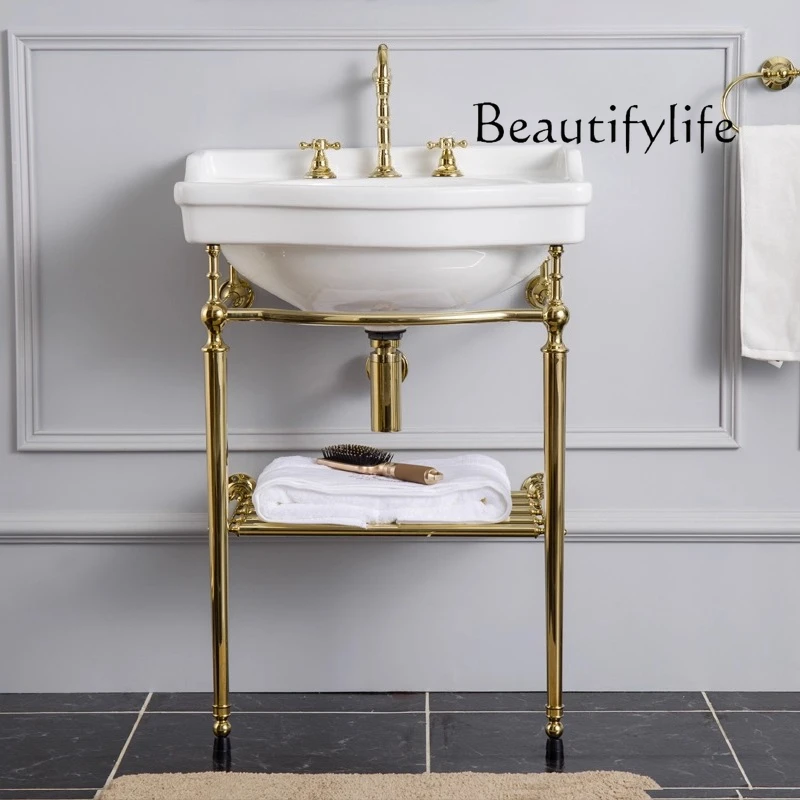 

Retro double-layer bracket wash basin set, gold bathroom floor-to-ceiling wall designer model
