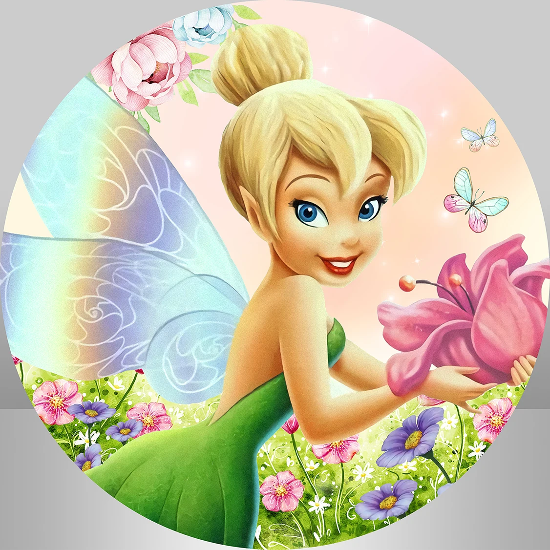 Fairy Tinkerbell Round Backdrop Birthday Party Green Photo Background Tnker bell Theme Party Cake Table Decorations Plinth Cover