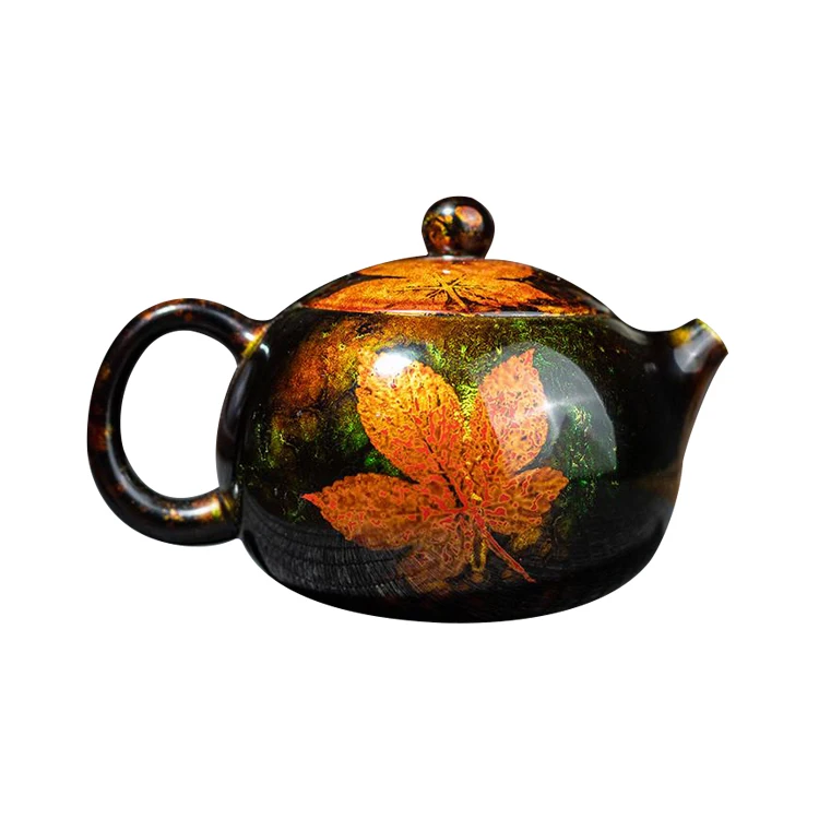 Latest Model Hot Sale Maple Leaf Pattern Zisha Teapot Natural Lacquerware Handmade Gift Set Traditional Lacquer Craft