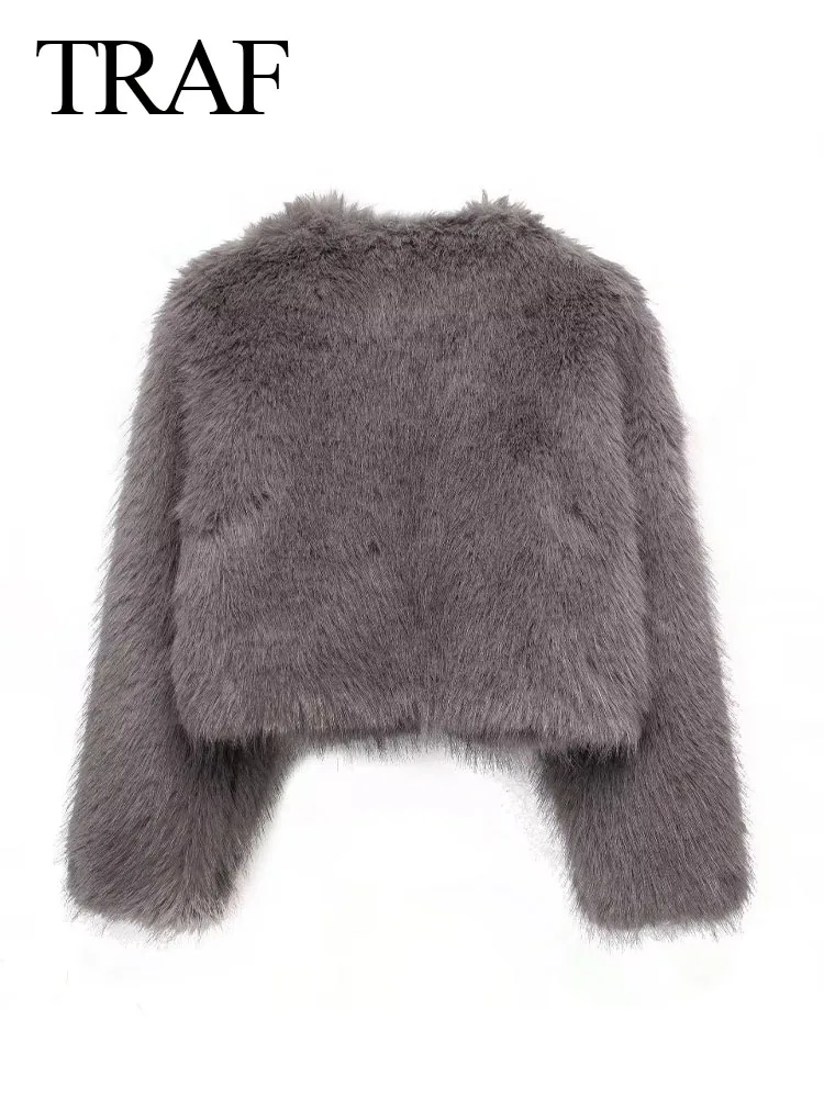 TRAF Winter Fashion Female Chic Grey Fur Coats Woman O-Neck Vintage Long Sleeve Loose Thikcen Streetwear Crop Tops High Street