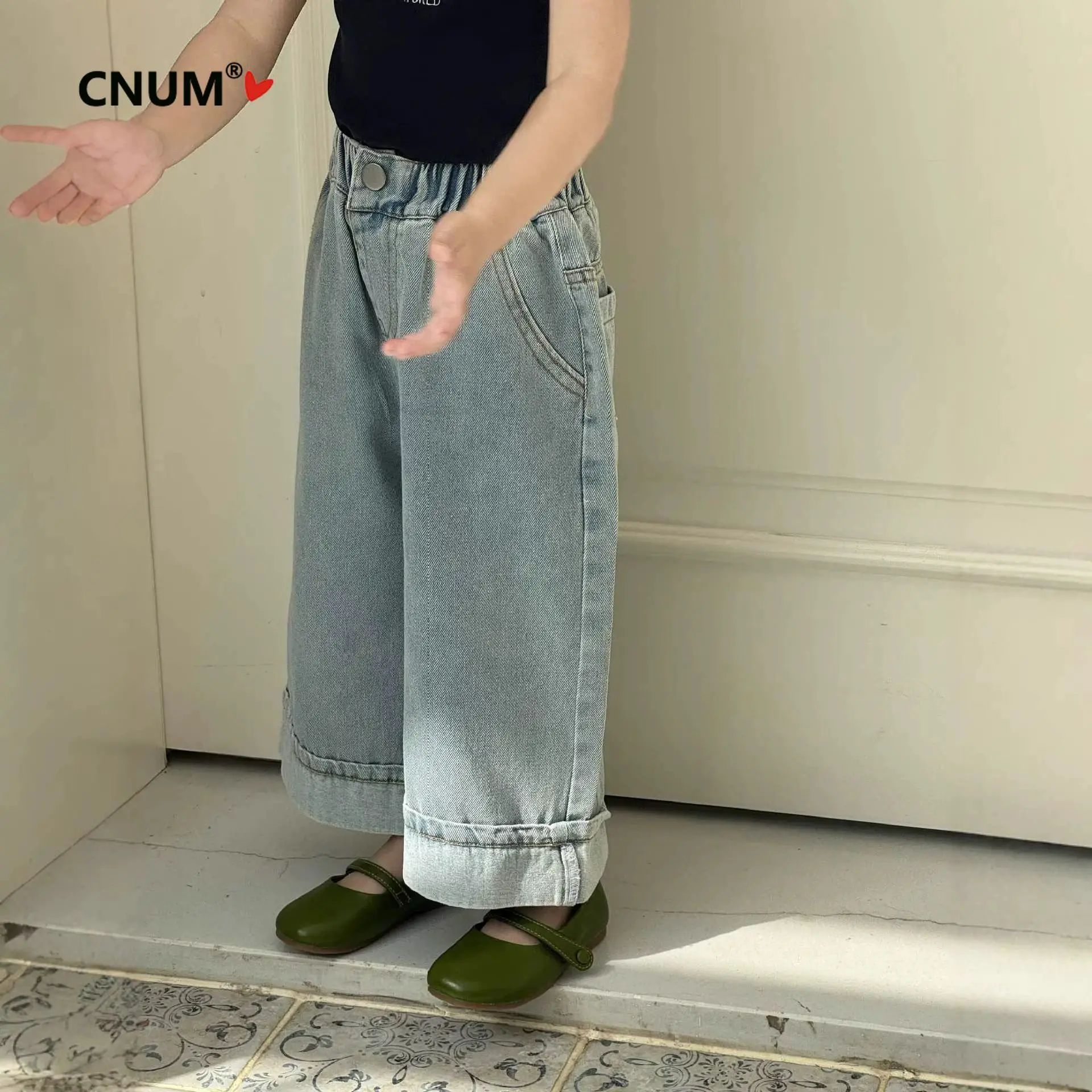CNUM Girls' Jeans 2026 Spring New Style Long Pants Elastic Waist Blue Cuffed Washed Straight Jeans Casual Wide-leg Trousers