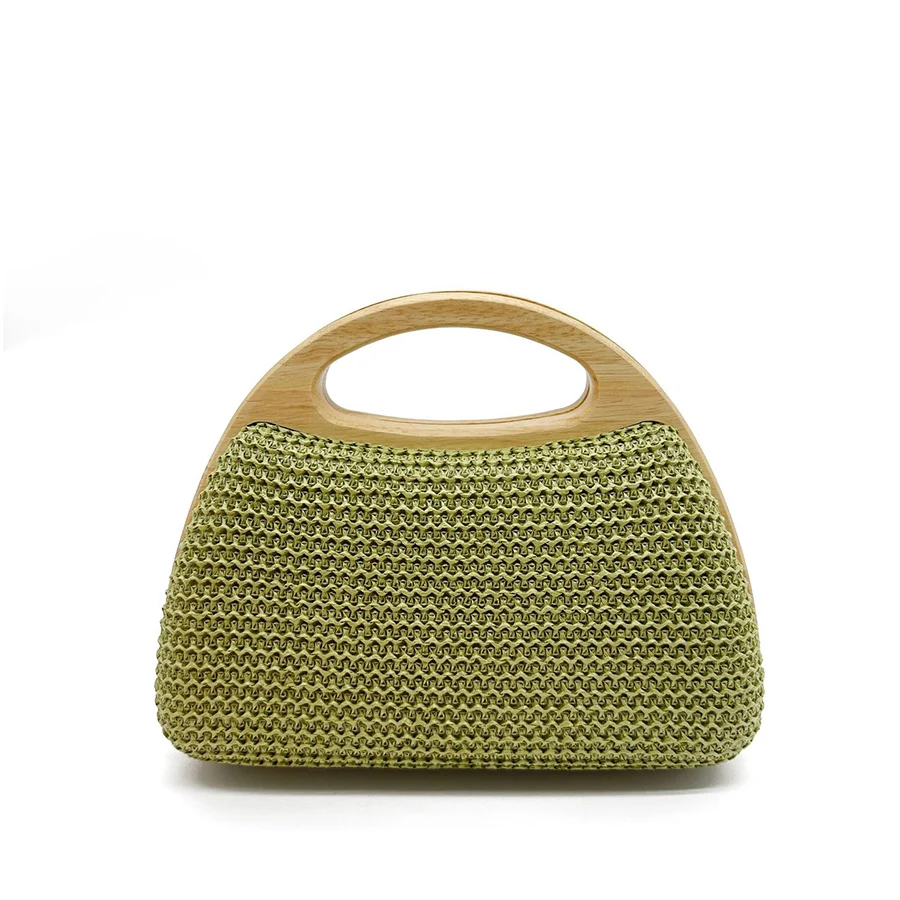 Summer Crescent Straw Woven Clutch Bag Female Wooden Handle Clip Handbags Travel Beach Shopper Purses Tote Chains Shoulder Bag