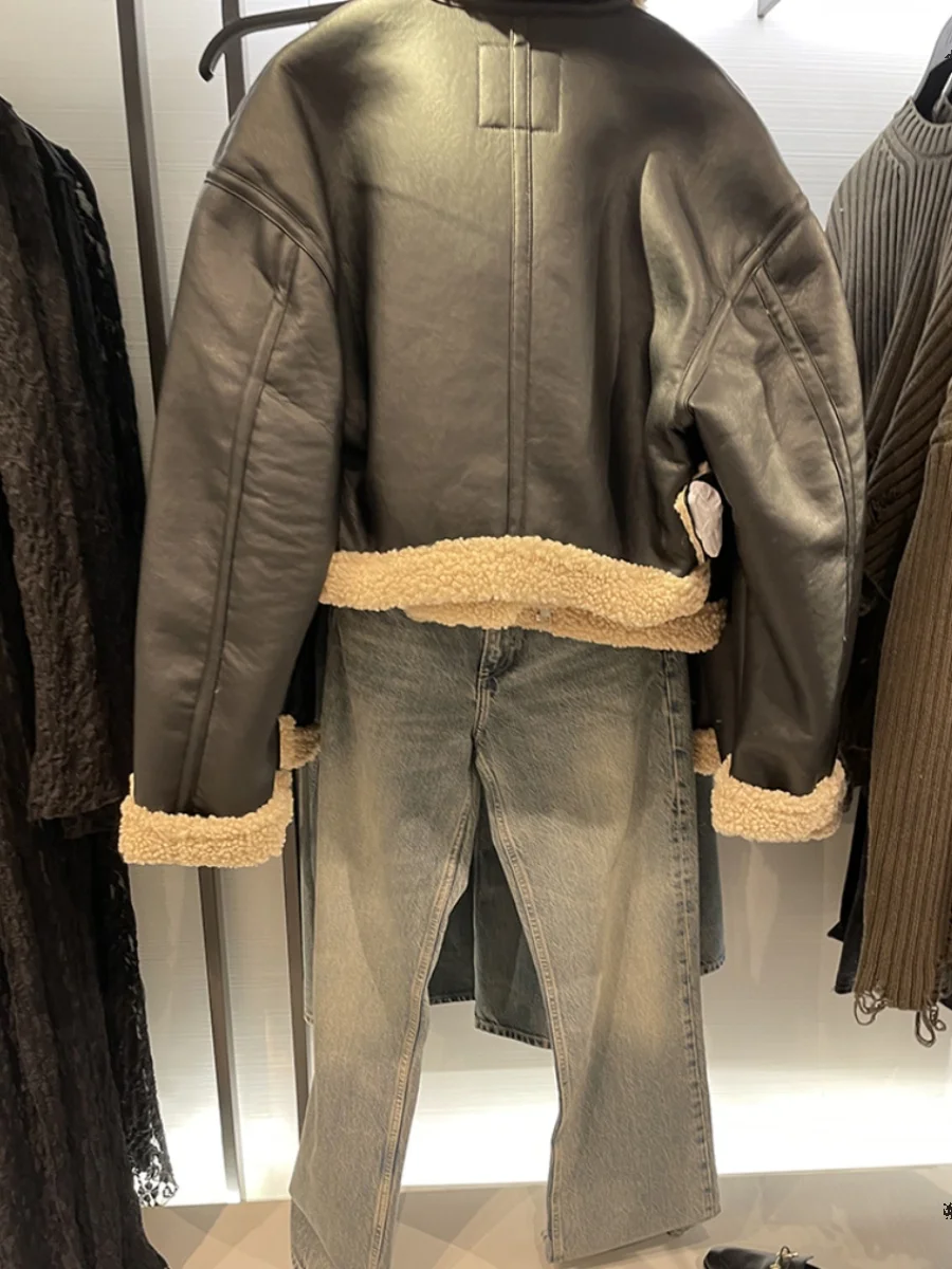 Double-Sided Leather And Fur Jaet Biker Sle Collar Women's Autumn Winter New Faion Outerwear  Collar Zipper ket