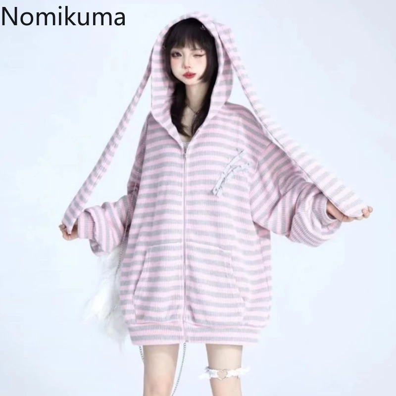 

2023 Women Cardigan Jackets Cute Rabbit Ears Hooded Zipper Casual Sueter Mujer Y2k Tops Fashion Striped Knit Oversized Sweater