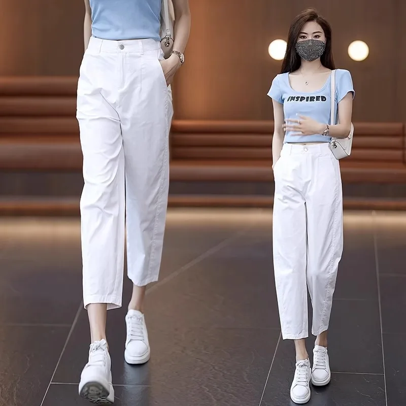 

White Harem Pants for Women, Summer High Waist, Petite, Thin, Straight-Leg, Casual Suit Pants