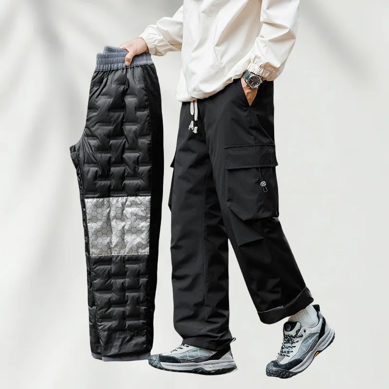 

Зимние мужские брюки, брюки из 90% белого утиного пуха, прямые брюки-карго с подкладкой и множеством карманов, ветрозащитные и водонепроницаемые толстые теплые брюки