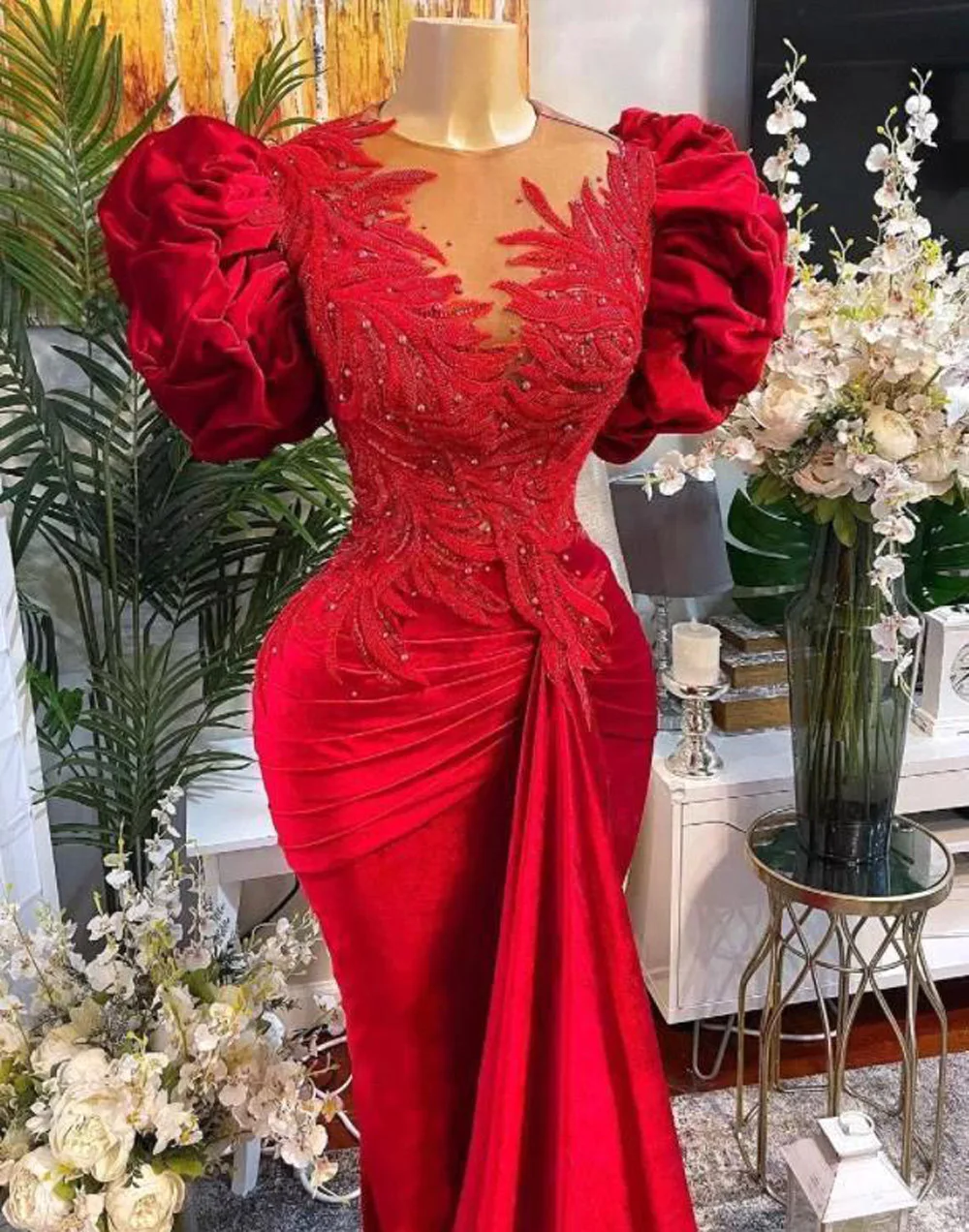 Velvet Red Evening Dresses For Women Mermaid Ruby Pearls Appliques Beading Formal Party Prom Gowns Pleat Vestido De Fiesta