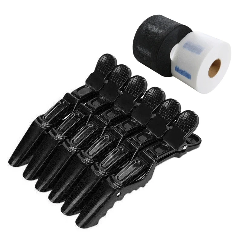 

Hot 6pcs/lot Plastic Hair Clip Hairdressing Clamps With 1 Roll Disposable Haircut Necks Hairdressing Collar Hairdressing Set