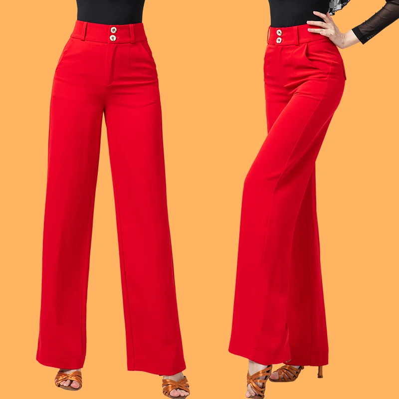 

2024 Latin Dance Pants For Women Red High Waist Straight Training Pants National Standard Dance Modern Performance Wear DQL8447