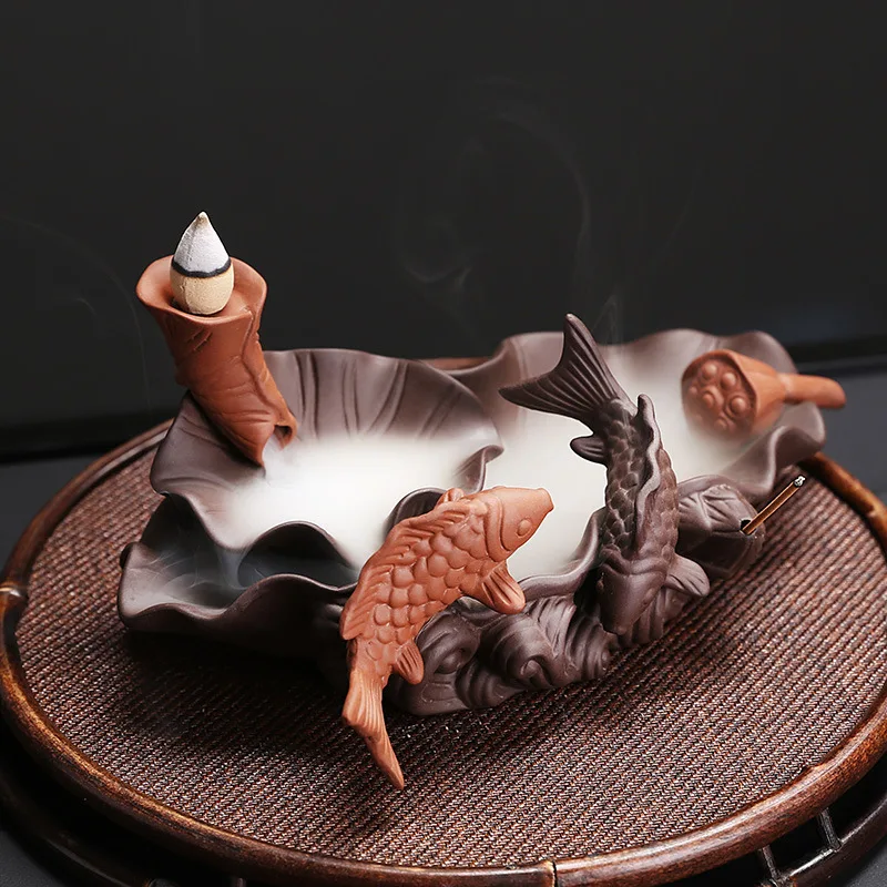 Purple Clay Chinese Style Backflow Incense Burner Craft Creative Lotus Leaf Prosperity Year After Year Sandalwood Backflow Incen