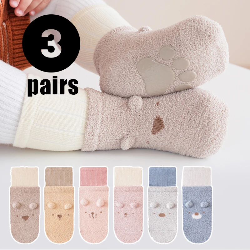 3 Pairs/Lot Newborn Floor Socks Winter Thickened Toddler Mid Tube Socks Warm Boneless Loose Cuff Children Indoor Socks