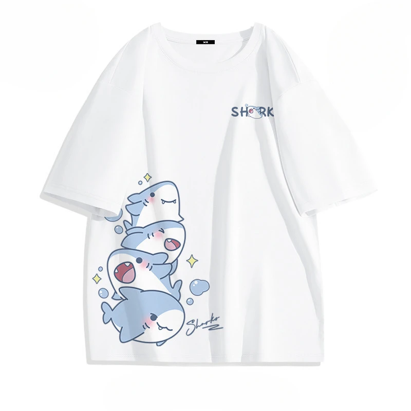 

Summer pure cotton breathable soft loose T-shirt men and women cute shark cartoon print fashionable short-sleeve T-shirt