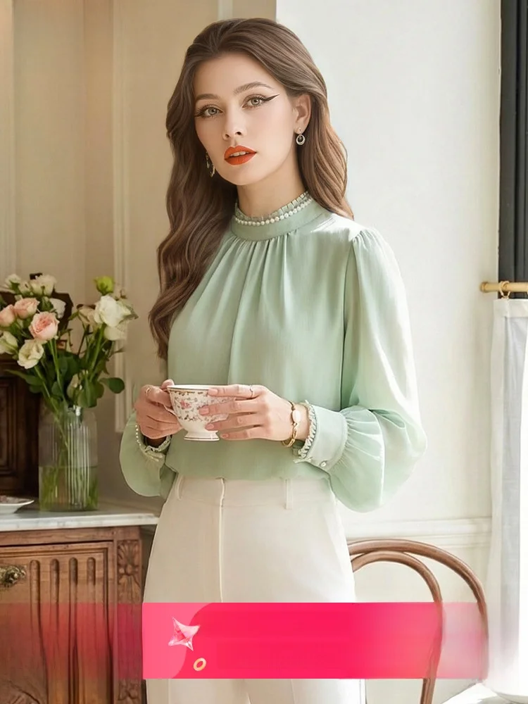 

Элегантная женская блузка с длинным рукавом и бисером, весенняя модная роскошная модель с воротником-стойкой, омолаживающий эффект, ультра-сказочный дизайн, топ в стиле OL