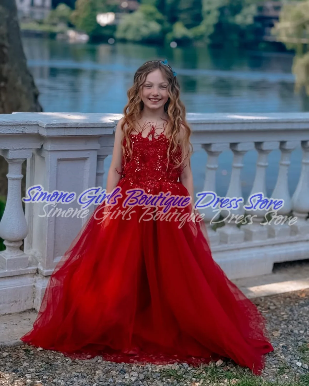 

Off shoulder Contrast Lace Red Floor-length skirt Sequin decoration Sleeveless Flower Girl Dress for Birthday party Holiday
