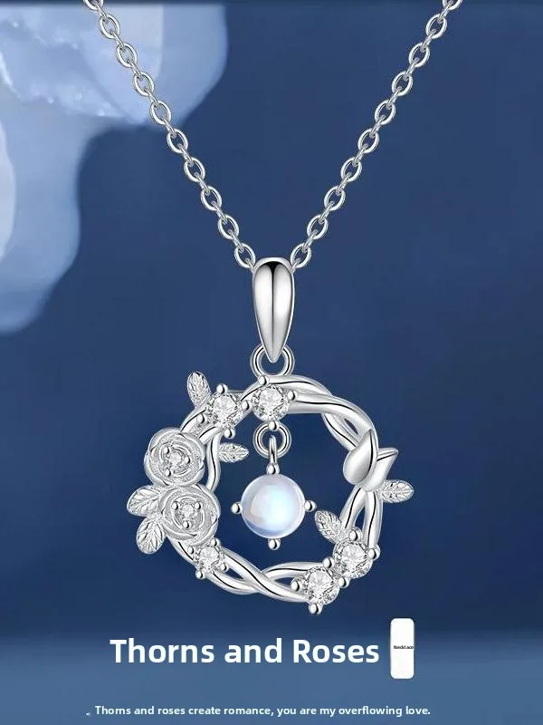 original-design-silver-necklace-with-moonstone-pendant-birthdays-memorials-thorns-and-roses-clavicle-chain-jewelry-gift