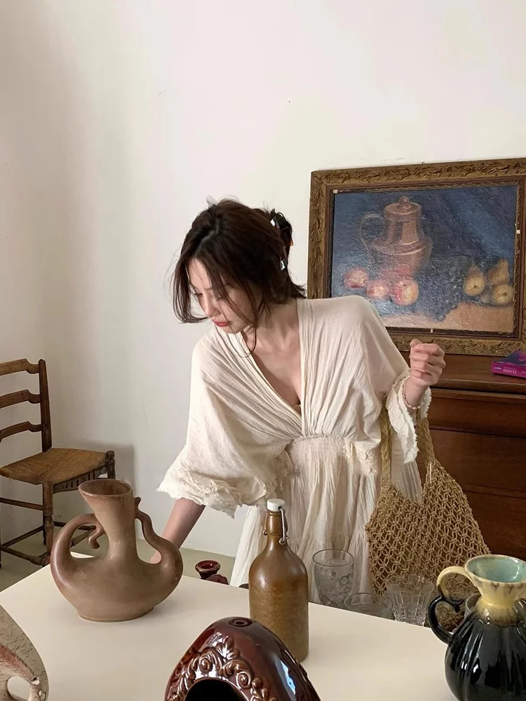 Système de forêt rétro lourd v-ne taille haute Dr printemps été grande jupe ourlet vacances femmes Dr Long Sle trajet vent