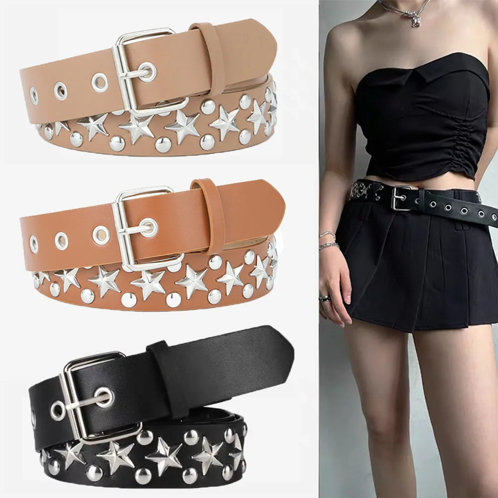 

Punk Style PU Leather Belt With Star Rivet For Women Adjustabel Pin Buckle Skirt Trouser Belt Waistband Personality Goth Belt