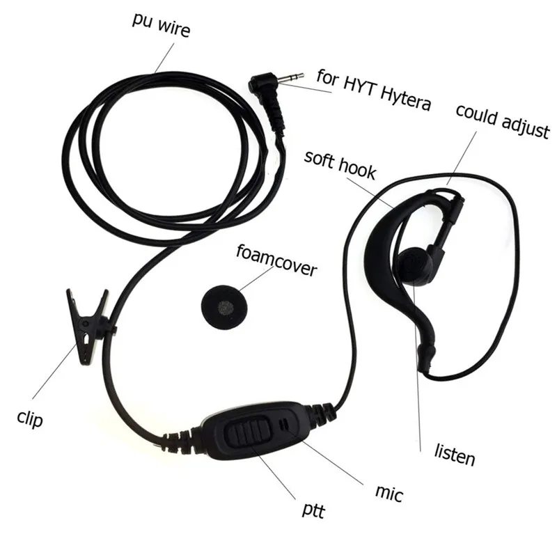 G Shape Earhook Earpiece Headset, PTT and Mic for HYT Hytera, Two Way Radio,TC1688, TC310, TC-1688, TC-310, TC-320, Pack of 5Pcs