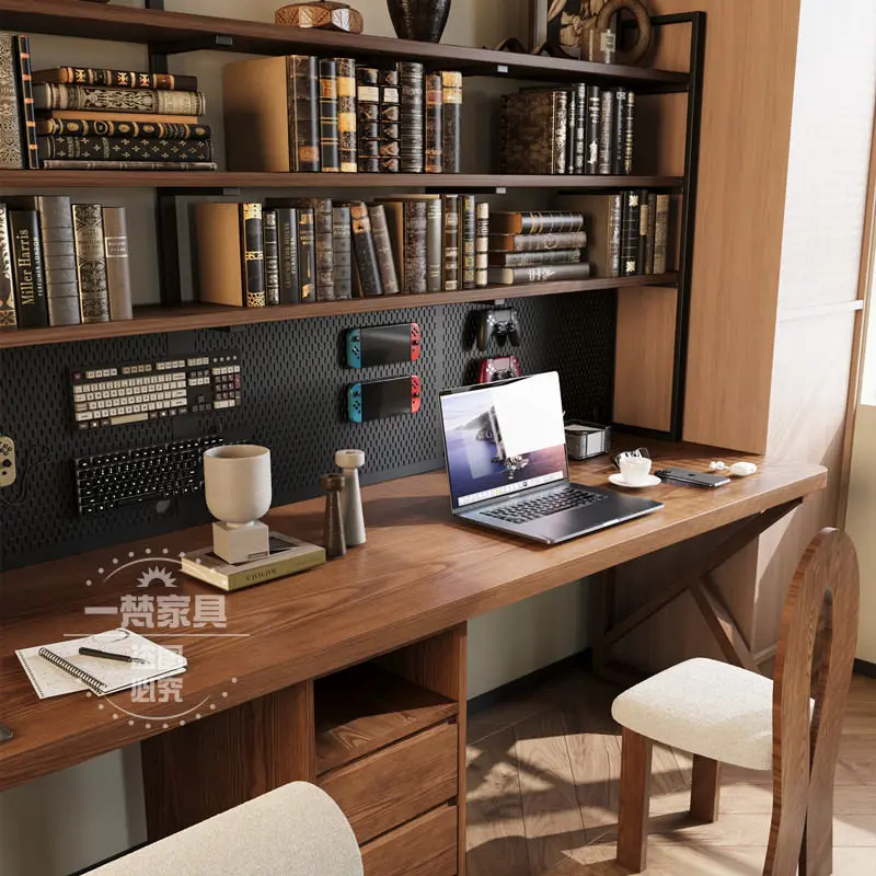 Double desk, bookshelf, integrated household computer table, children's long table, simple desk, worktable, study table