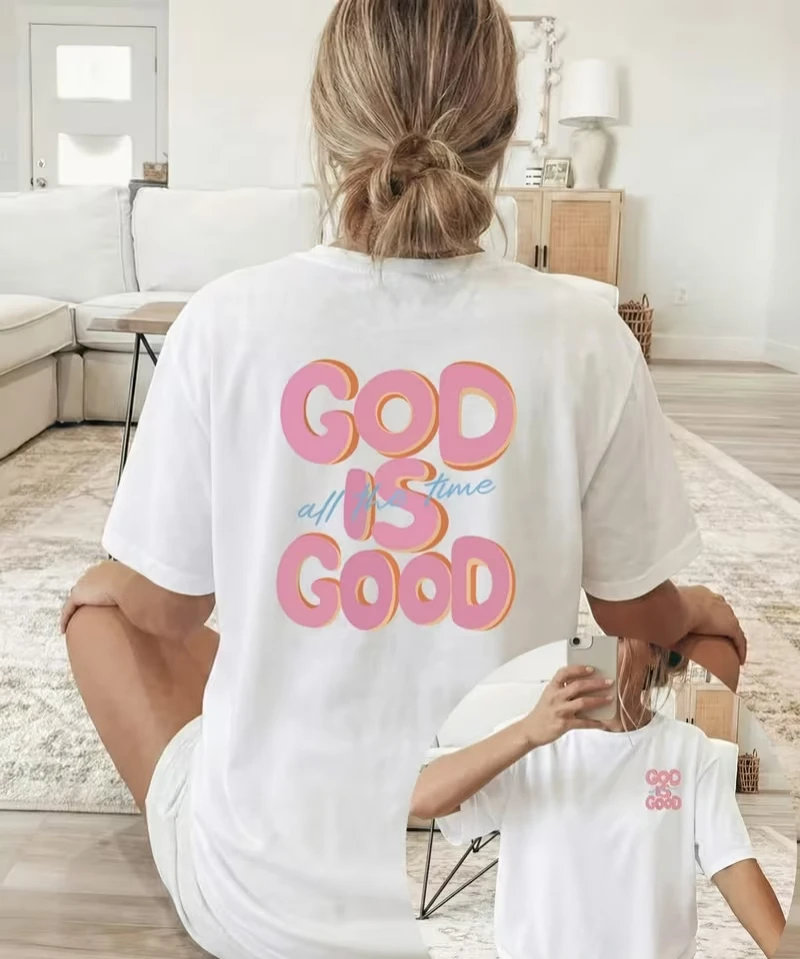 T-shirt imprimé GOD IS GOOD pour femme, décontracté, streetwear, usage quotidien, motif lettres foi chrétienne, hauts à manches courtes pour femme