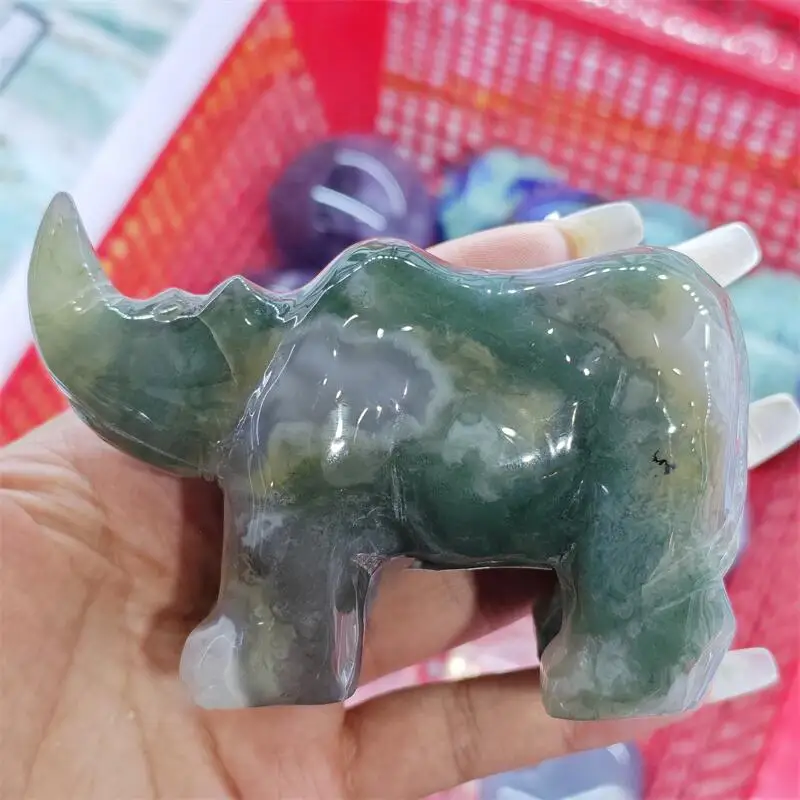 Natural Moss Agate Rhino Carving Handmade Polished Animal Powerful Statue For Home Decoration Lucky Gift 1PCS