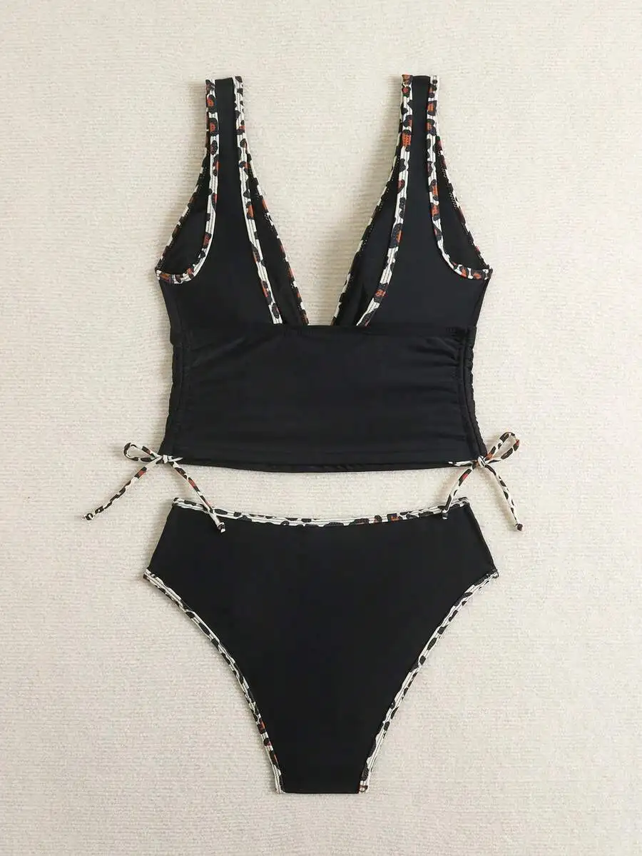 

Black Two Piece Leopard Trim Ruched Crop Top High Waist Triangle Tankini Set For Women