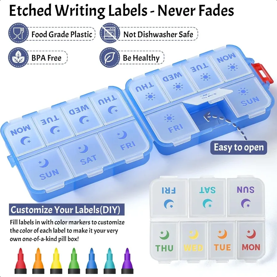New Foldable Double Protection Portable Weekly Pill Organizer 2 Times A Day with Etched Labels AM PM 7 Day Week Medicine Box Da