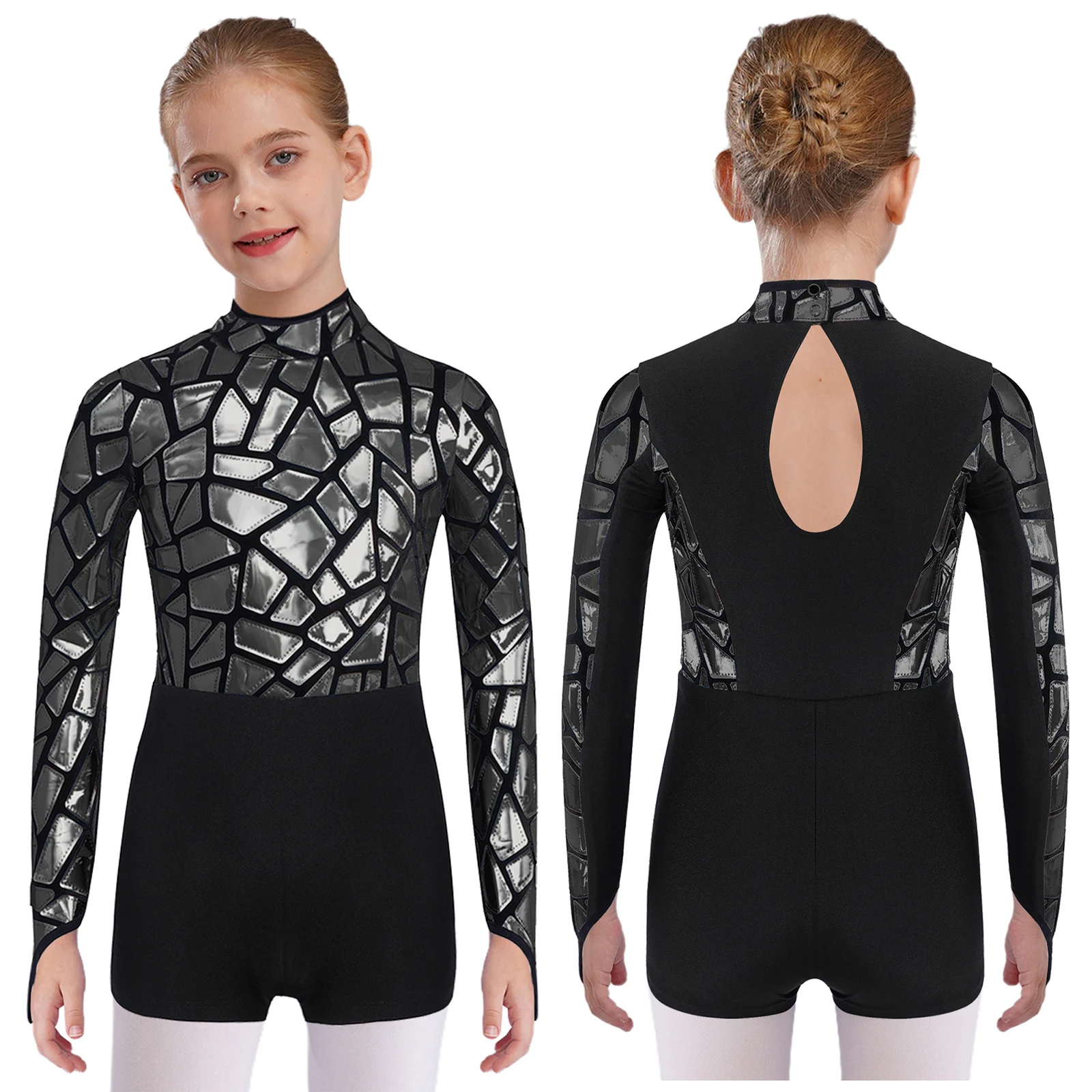

Kids Girls One Piece Jazz Tango Disco Party Dance Jumpsuit Fashion Long Sleeve Bodysuit for Waltz Stage Performance Outfits