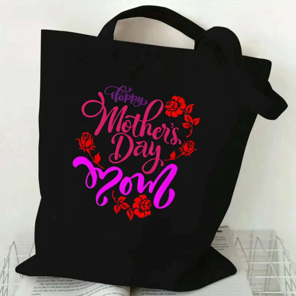 

Happy Mother's Day Mom Tote Bag, Pink Cursive Lettering & Red Rose Graphic, Elegant Canvas Handbag for Women