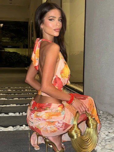 Imagen 2 del producto Conjunto de 2 piezas con estampado Floral para vacaciones de Nibber Halter cuello bajo espalda sin espalda Tops + Splits Splits faldas largas traje estilo playa