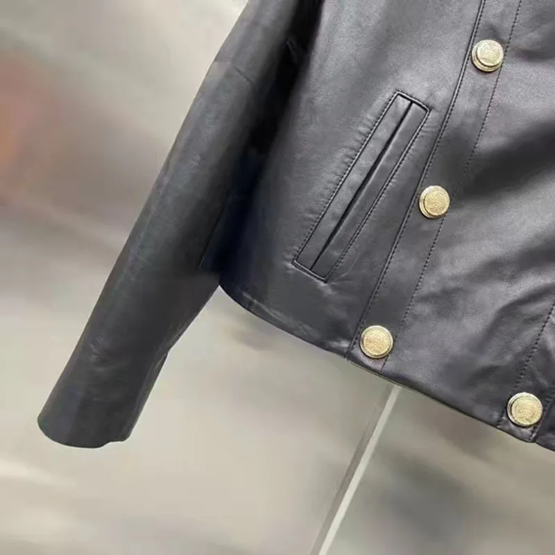 Veste en cuir véritable pour femme, manteau col rond, court, bronzage végétal, élégant, Double boutonnage, nouvelle mode printemps 2022